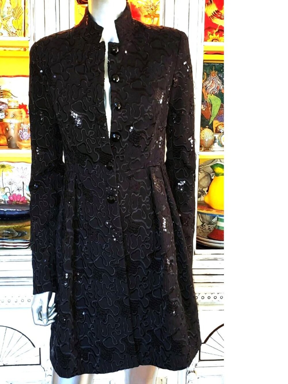 Betsey Johnson Vintage Y2K Black Embroidered Sequin Midi Coat Evening Jacket S - Picture 6 of 16